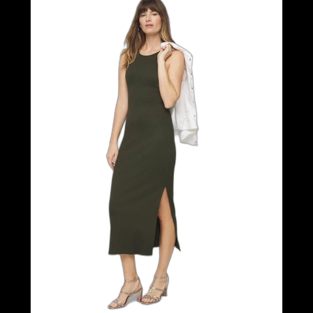 White House Black Market Dress Womens Large Green Rib Midi Tank Side Slit NWOT